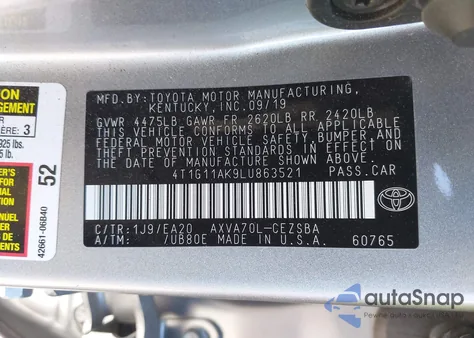 2020 Toyota Camry Se z USA, uszkodzony, nr VIN 4T1G11AK9LU863521